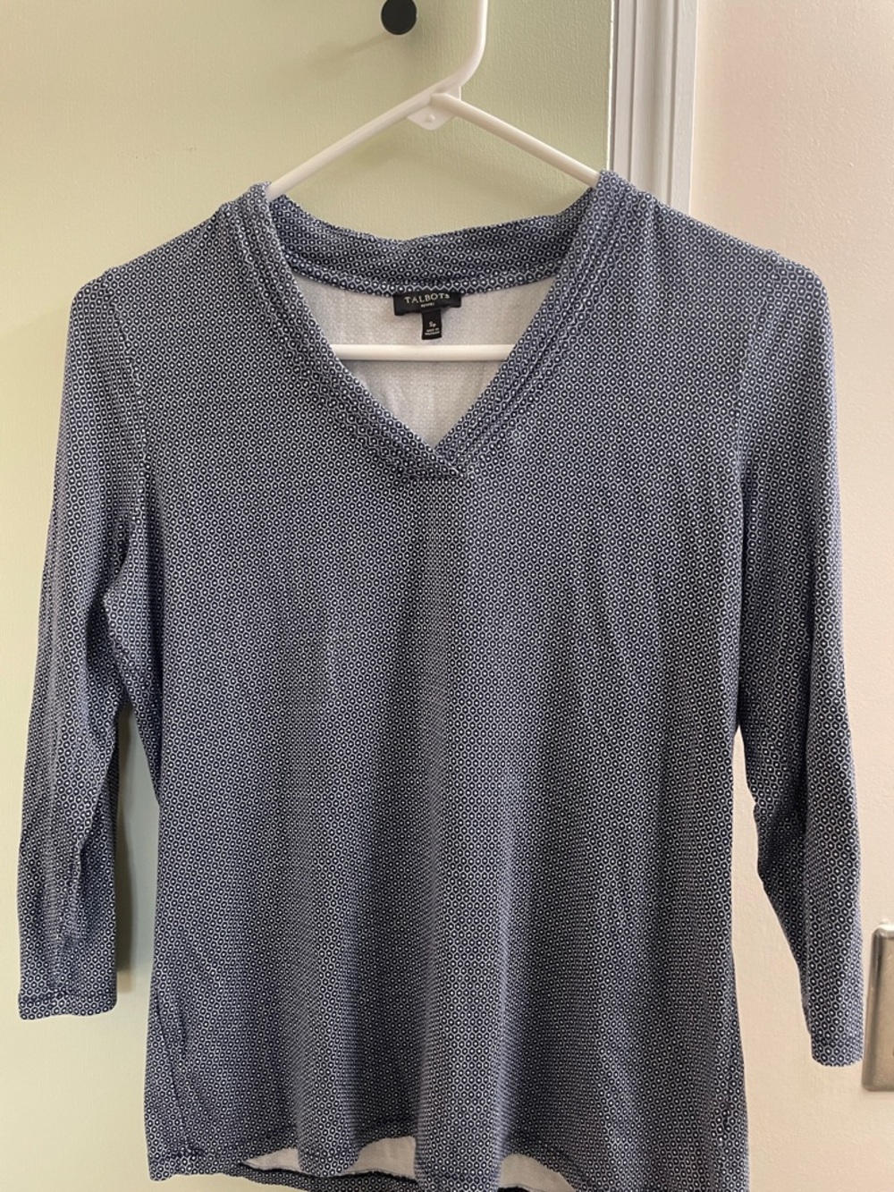 Talbots Navy and White V-Neck Microdot Top